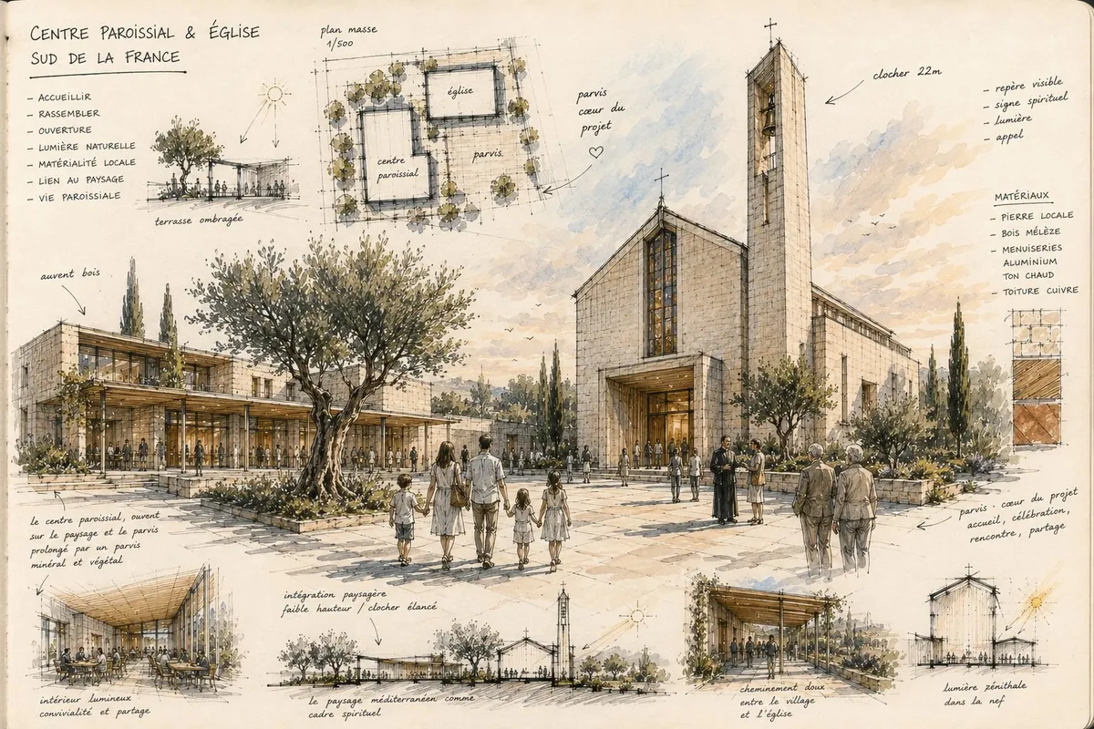 Esquisse du futur ensemble paroissial Saint-Joseph, avec l'église, son clocher et le centre paroissial autour du parvis
